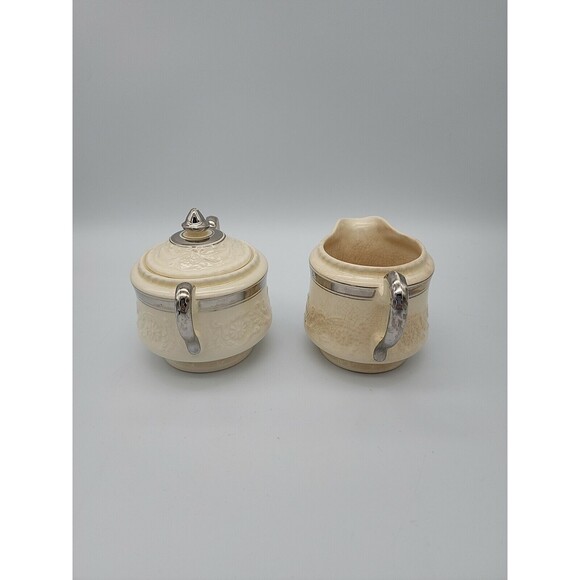 ADAM ANTIQUE by STEUBENVILLE Sugar Bowl w Lid & Creamer Cream with Silver TrIm - Picture 2 of 12